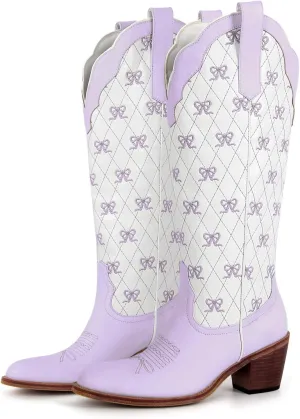 MissHeel Mini Bows Knee High Cowgirl Boots White Cowboy Boots for Women