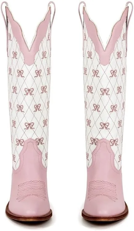 MissHeel Mini Bows Knee High Cowgirl Boots White Cowboy Boots for Women