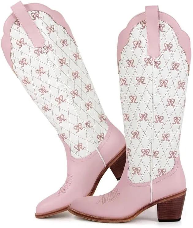 MissHeel Mini Bows Knee High Cowgirl Boots White Cowboy Boots for Women
