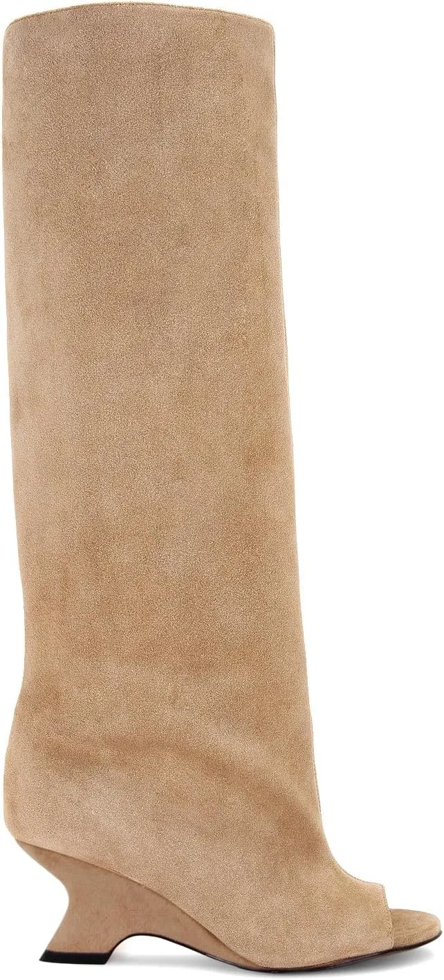 MissHeel Open Toe Suede Knee High Boots Wide Calf Wedge Heel Boots