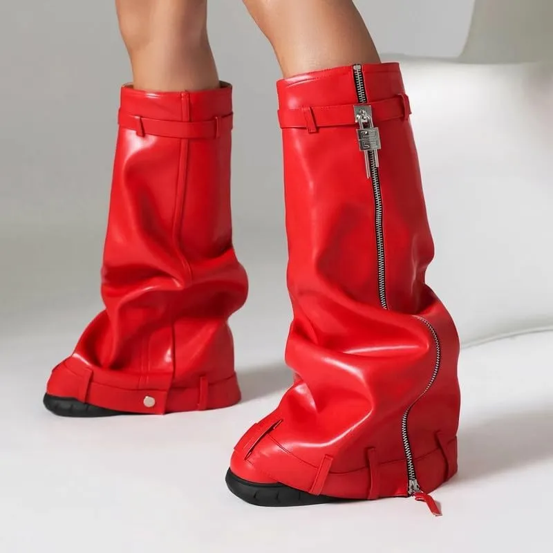 MissHeel Padlock Fold Over Platform Denim Knee High Boots
