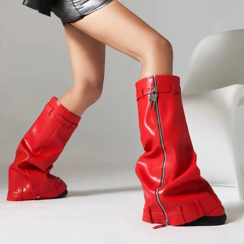 MissHeel Padlock Fold Over Platform Denim Knee High Boots
