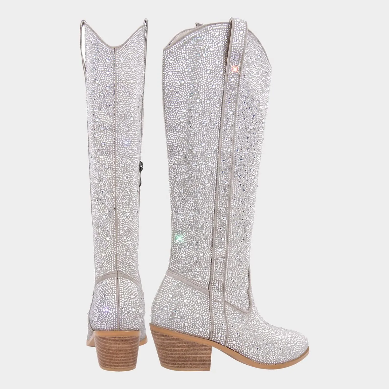 MissHeel Sparkly Rhinestones Knee High Boots Chunky Heels