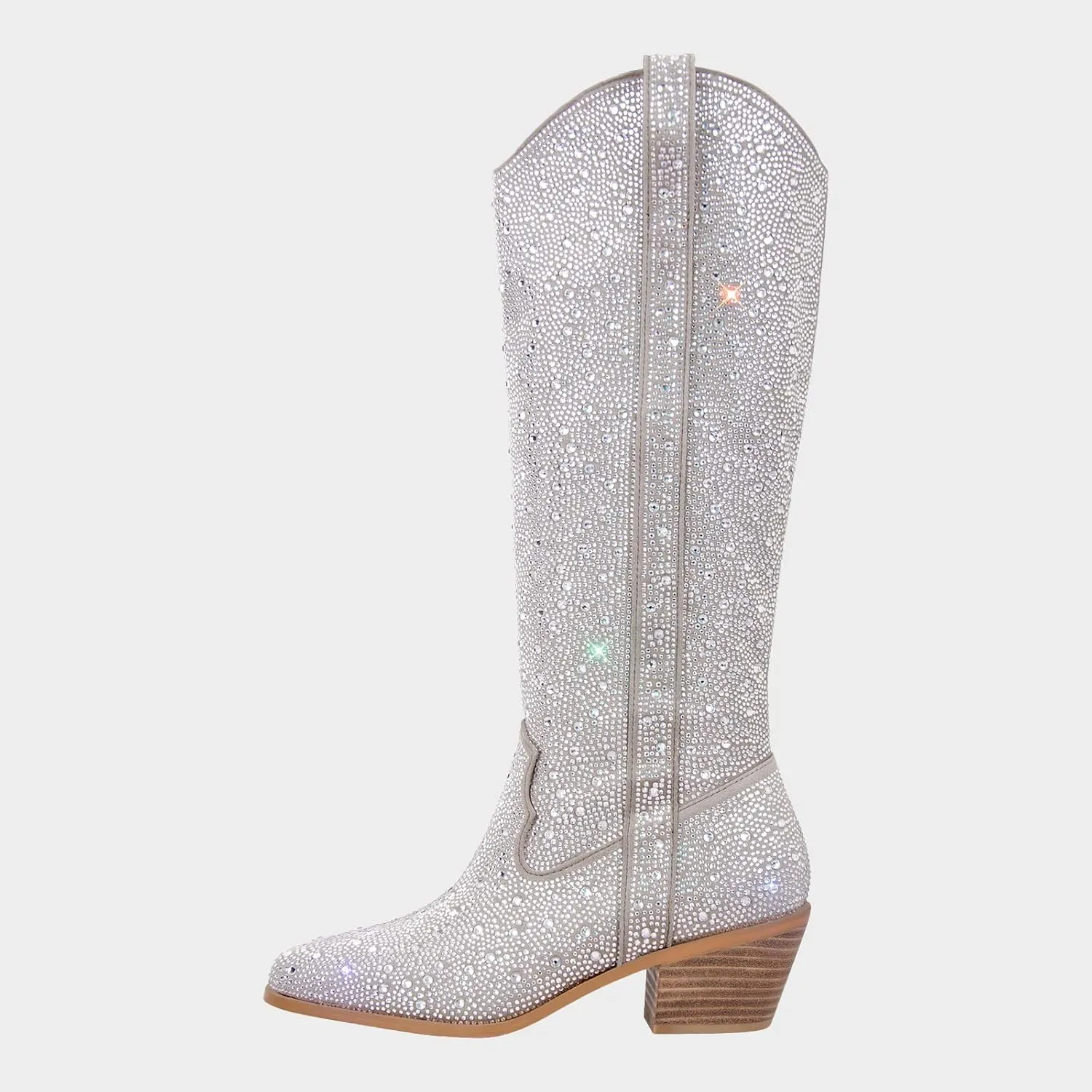 MissHeel Sparkly Rhinestones Knee High Boots Chunky Heels