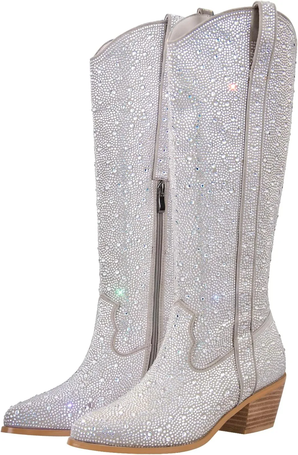 MissHeel Sparkly Rhinestones Knee High Boots Chunky Heels