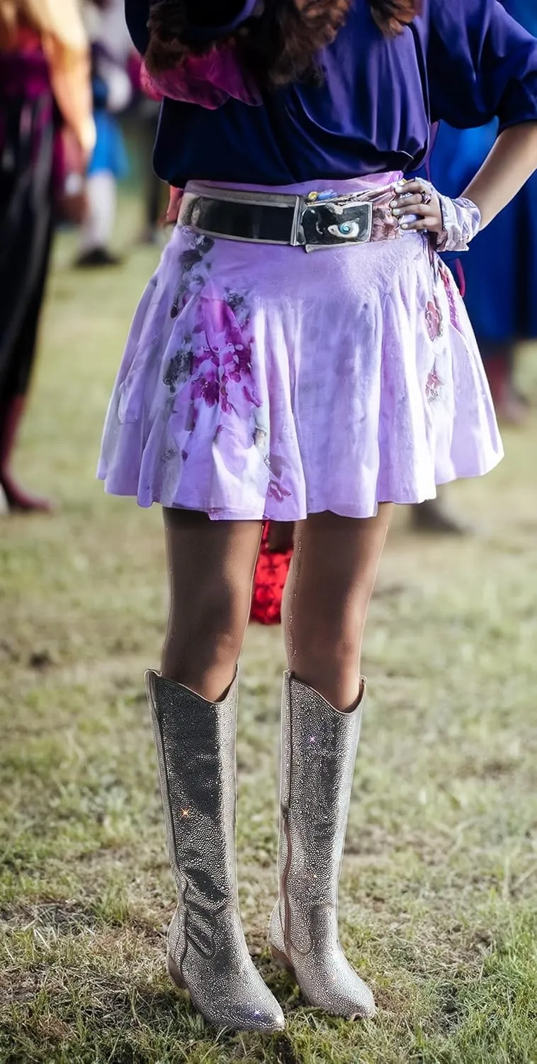 MissHeel Sparkly Rhinestones Knee High Boots Chunky Heels