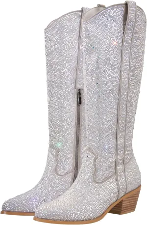 MissHeel Sparkly Rhinestones Knee High Boots Chunky Heels