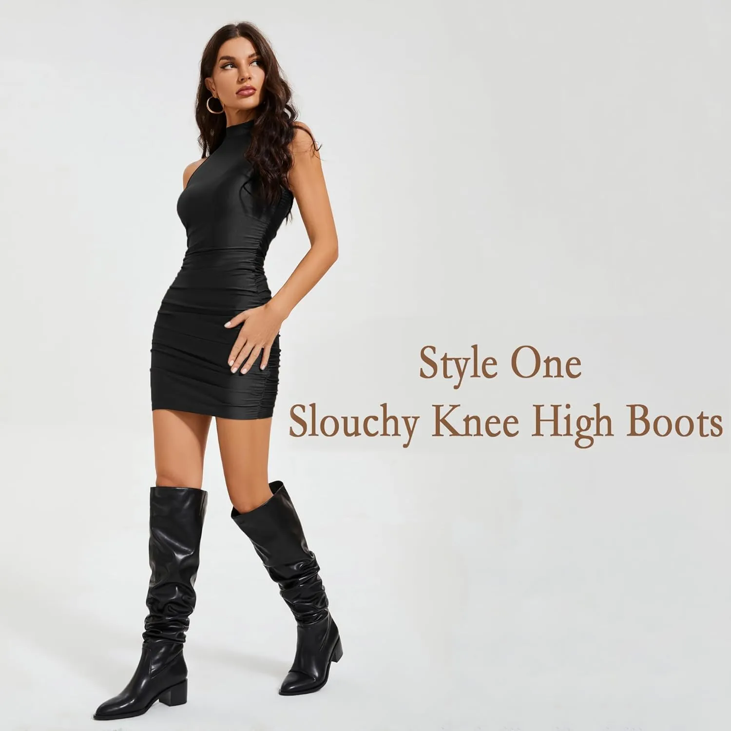 Modatope Knee High Boots for Women Chunky Heel Pull on Womens Slouchy Tall Boots Block Heel Thigh High Boots for Women