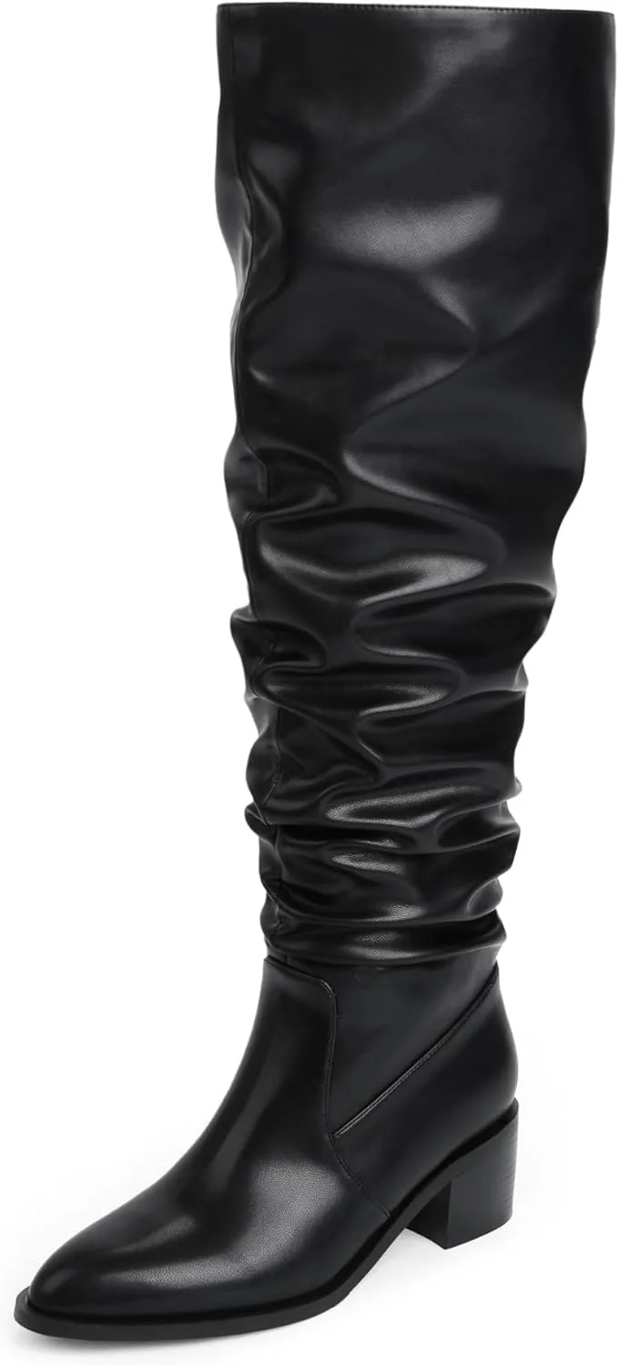 Modatope Knee High Boots for Women Chunky Heel Pull on Womens Slouchy Tall Boots Block Heel Thigh High Boots for Women