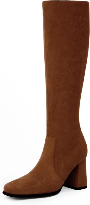 Modatope Knee High Boots Women Chunky Heel Square Toe Tall Boot for Women High Heel Side Zipper Long Boots
