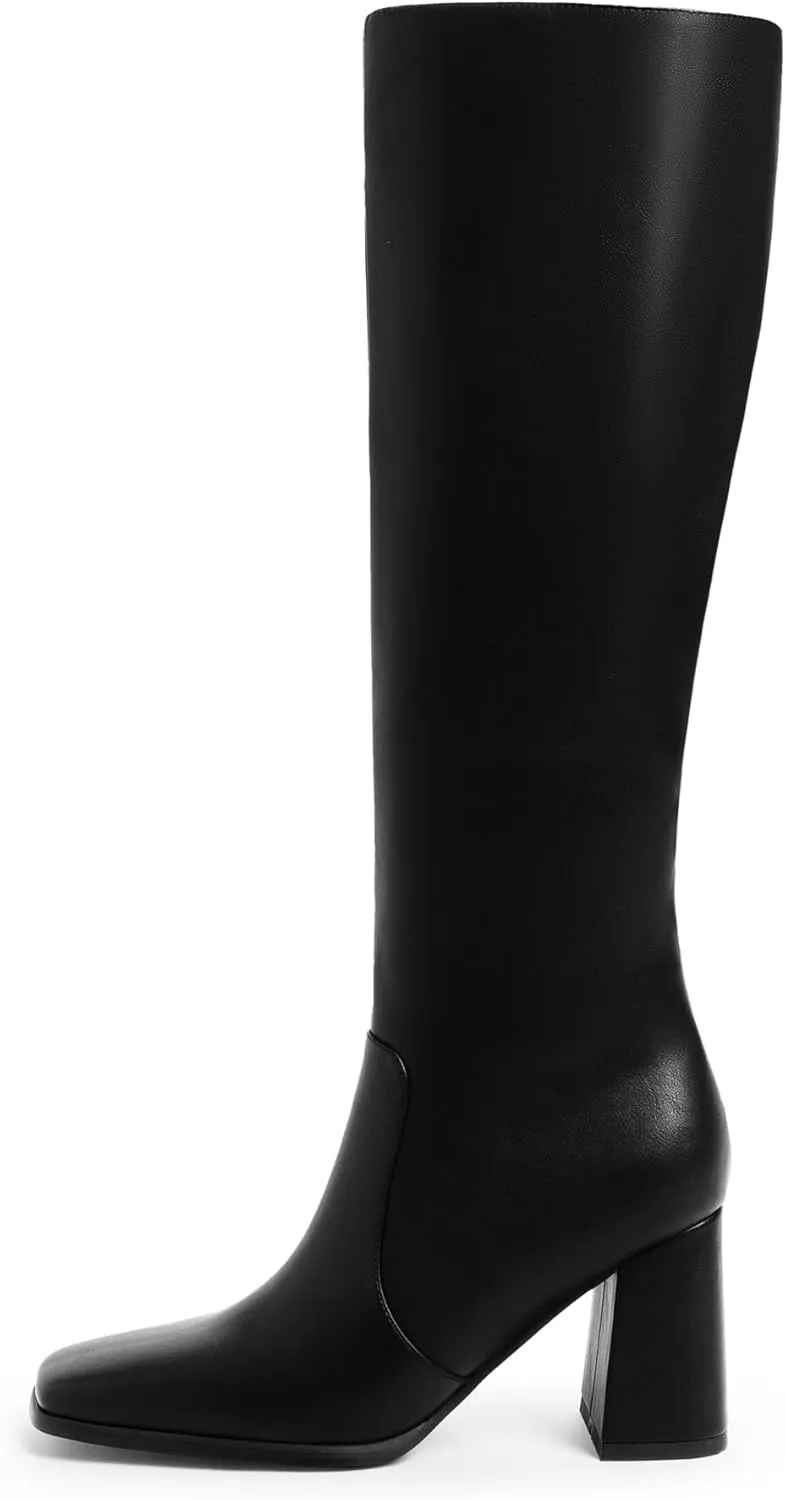 Modatope Knee High Boots Women Chunky Heel Square Toe Tall Boot for Women High Heel Side Zipper Long Boots