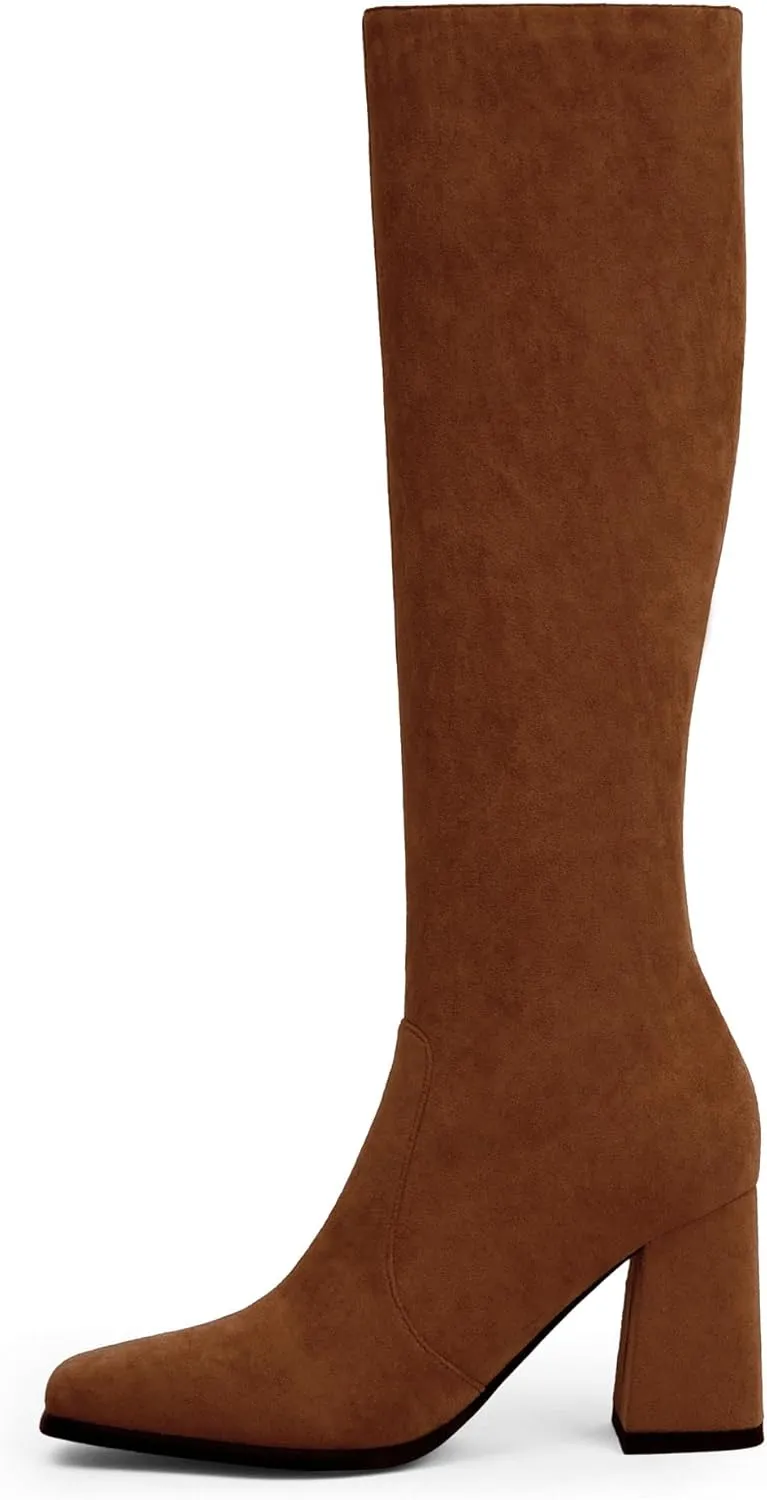 Modatope Knee High Boots Women Chunky Heel Square Toe Tall Boot for Women High Heel Side Zipper Long Boots