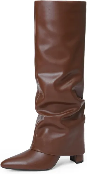 Modatope Knee High Boots Women Fold Over Knee High Boots Chunky High Heels Long Boots Zipper Pointed Toe Dress Tall Boots for Women