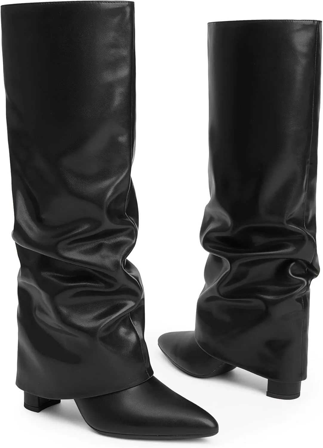 Modatope Knee High Boots Women Fold Over Knee High Boots Chunky High Heels Long Boots Zipper Pointed Toe Dress Tall Boots for Women