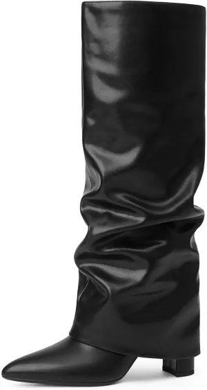 Modatope Knee High Boots Women Fold Over Knee High Boots Chunky High Heels Long Boots Zipper Pointed Toe Dress Tall Boots for Women