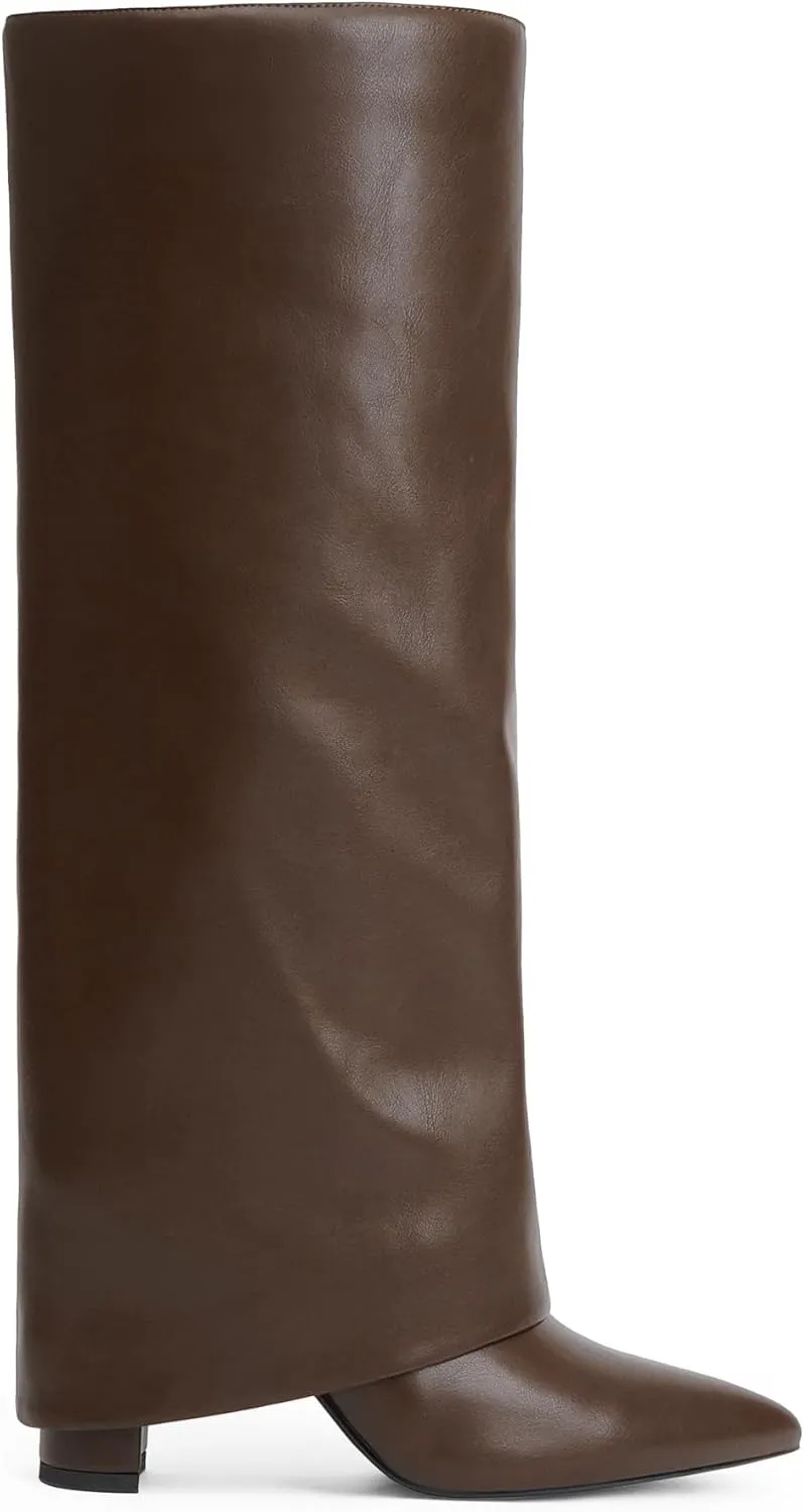 Modatope Knee High Boots Women Fold Over Knee High Boots Chunky High Heels Long Boots Zipper Pointed Toe Dress Tall Boots for Women