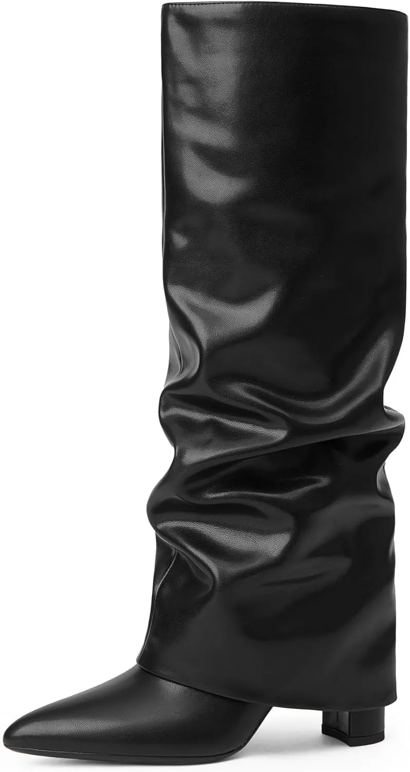 Modatope Knee High Boots Women Fold Over Knee High Boots Chunky High Heels Long Boots Zipper Pointed Toe Dress Tall Boots for Women