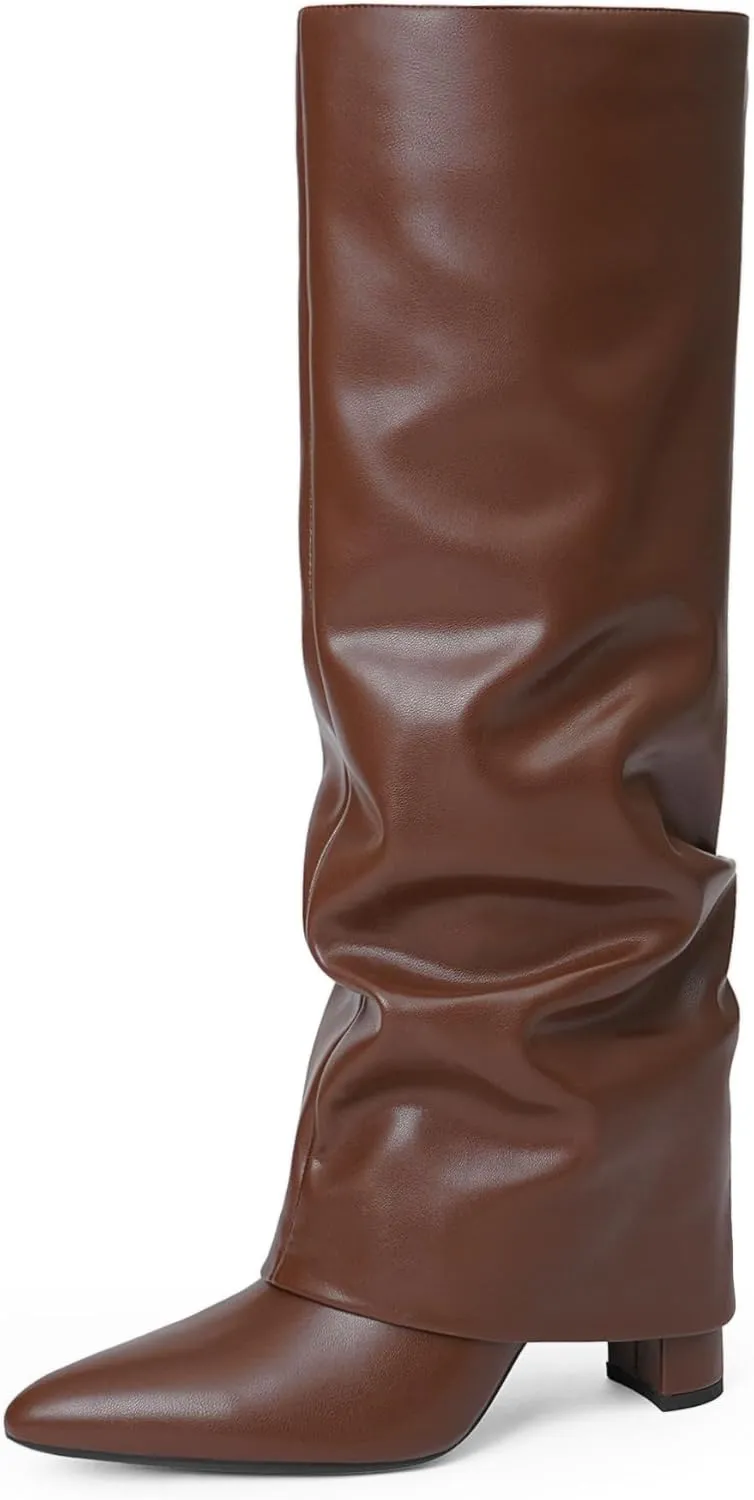 Modatope Knee High Boots Women Fold Over Knee High Boots Chunky High Heels Long Boots Zipper Pointed Toe Dress Tall Boots for Women