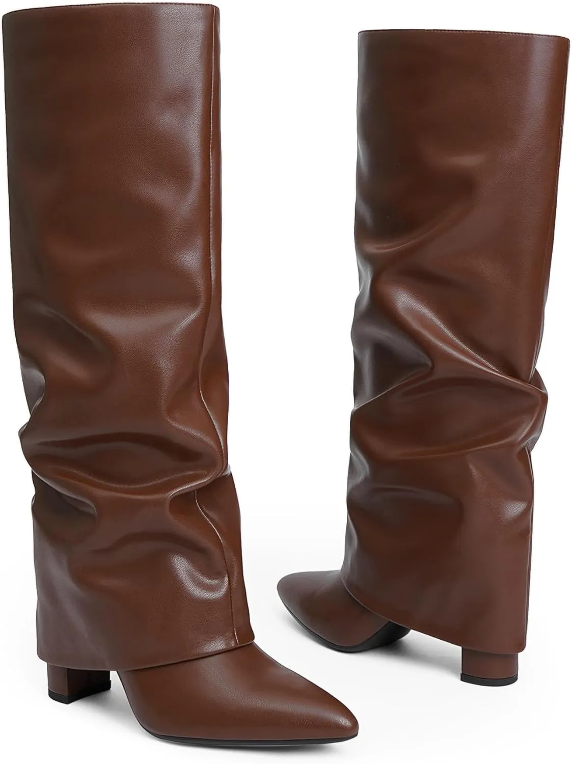 Modatope Knee High Boots Women Fold Over Knee High Boots Chunky High Heels Long Boots Zipper Pointed Toe Dress Tall Boots for Women