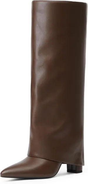 Modatope Knee High Boots Women Fold Over Knee High Boots Chunky High Heels Long Boots Zipper Pointed Toe Dress Tall Boots for Women
