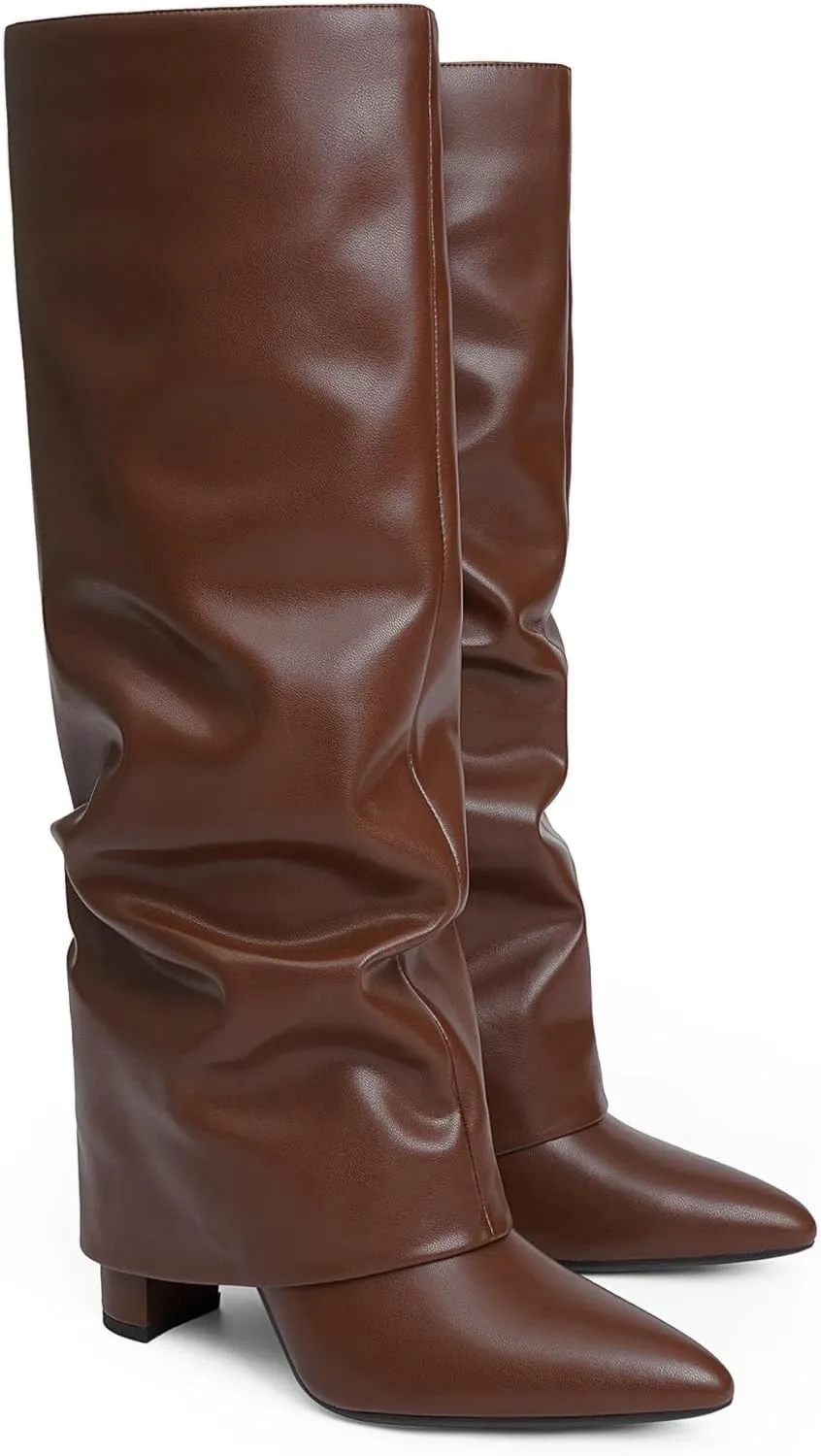 Modatope Knee High Boots Women Fold Over Knee High Boots Chunky High Heels Long Boots Zipper Pointed Toe Dress Tall Boots for Women
