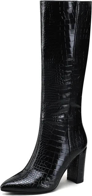 Modatope Knee High Women's Riding Boots - Tall, Long Calf High GoGo Chunky Faux Crocodile Boots - Block Heel Pointed Toe - Size 6-11