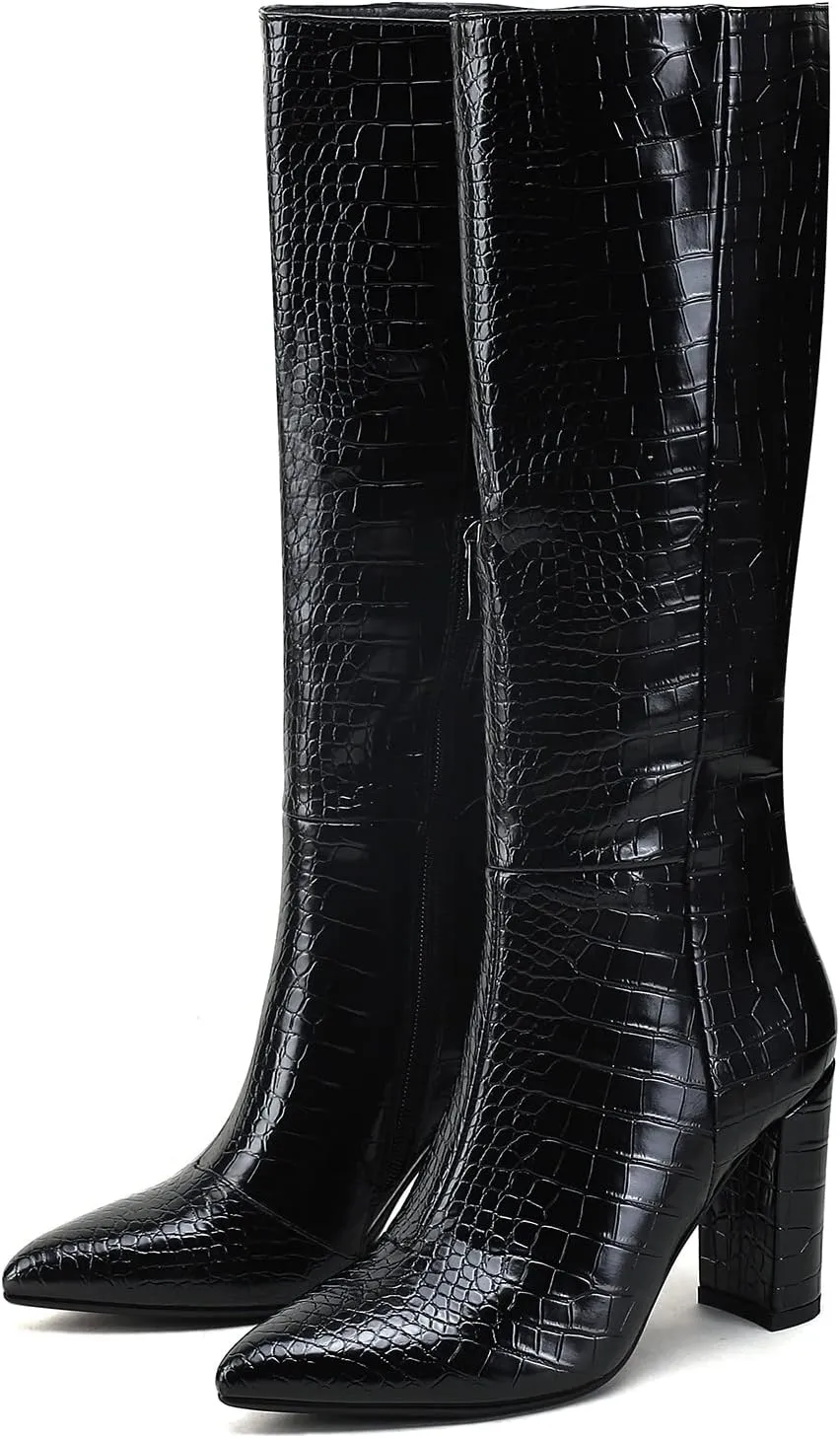Modatope Knee High Women's Riding Boots - Tall, Long Calf High GoGo Chunky Faux Crocodile Boots - Block Heel Pointed Toe - Size 6-11
