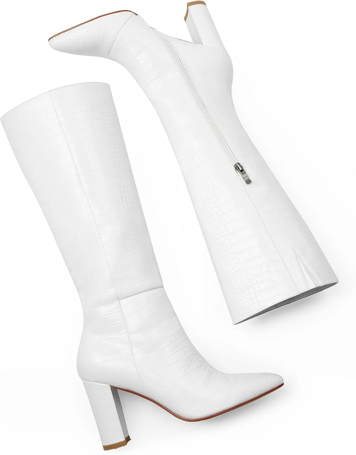 Modatope Knee High Women's Riding Boots - Tall, Long Calf High GoGo Chunky Faux Crocodile Boots - Block Heel Pointed Toe - Size 6-11