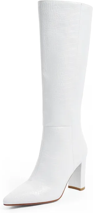 Modatope Knee High Women's Riding Boots - Tall, Long Calf High GoGo Chunky Faux Crocodile Boots - Block Heel Pointed Toe - Size 6-11