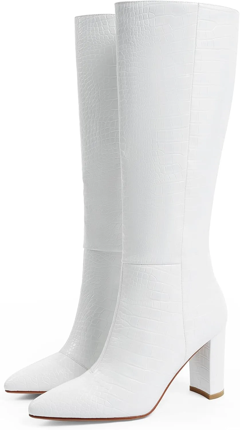 Modatope Knee High Women's Riding Boots - Tall, Long Calf High GoGo Chunky Faux Crocodile Boots - Block Heel Pointed Toe - Size 6-11