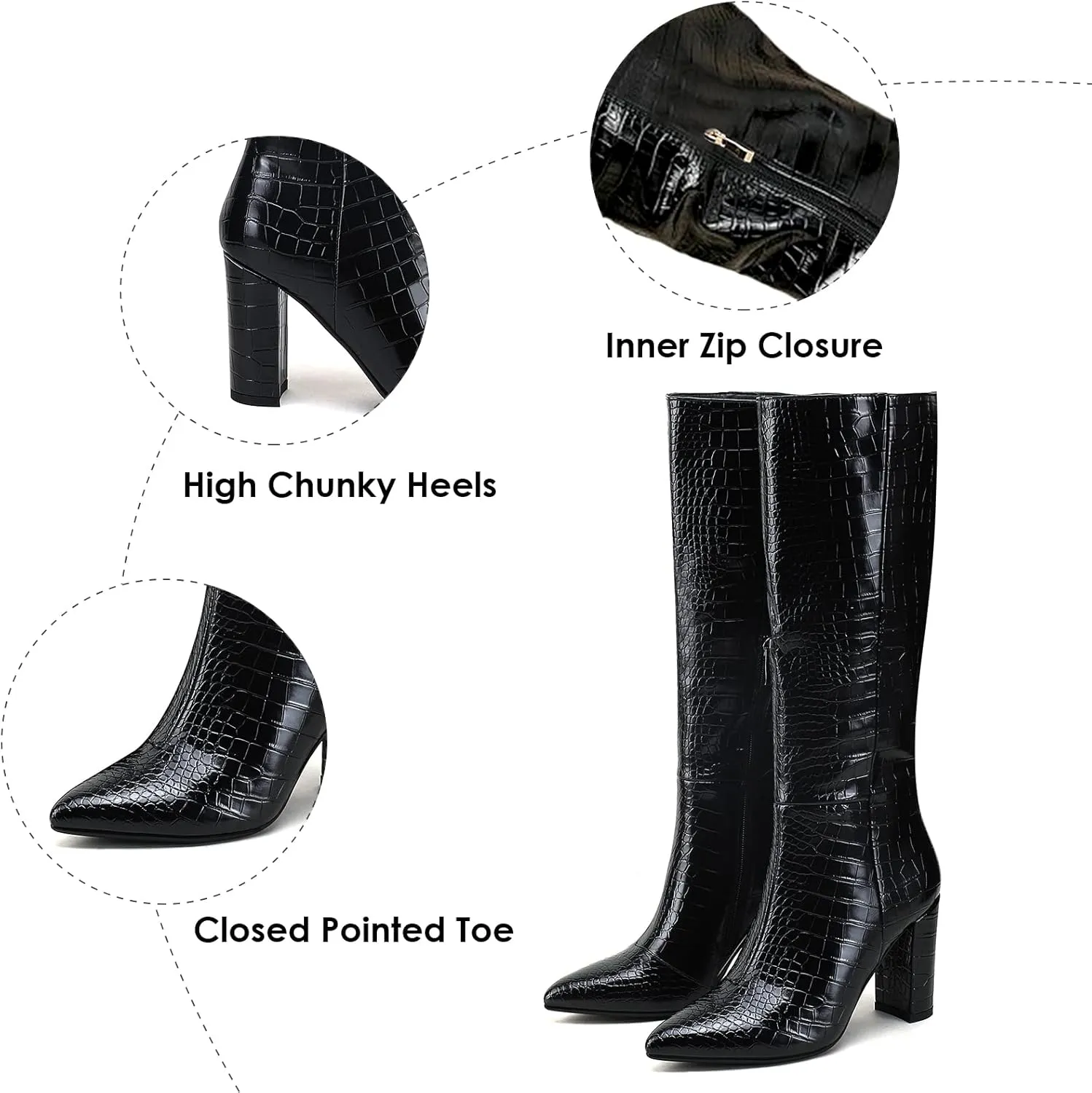 Modatope Knee High Women's Riding Boots - Tall, Long Calf High GoGo Chunky Faux Crocodile Boots - Block Heel Pointed Toe - Size 6-11
