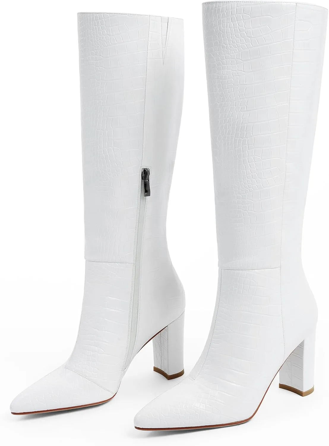 Modatope Knee High Women's Riding Boots - Tall, Long Calf High GoGo Chunky Faux Crocodile Boots - Block Heel Pointed Toe - Size 6-11