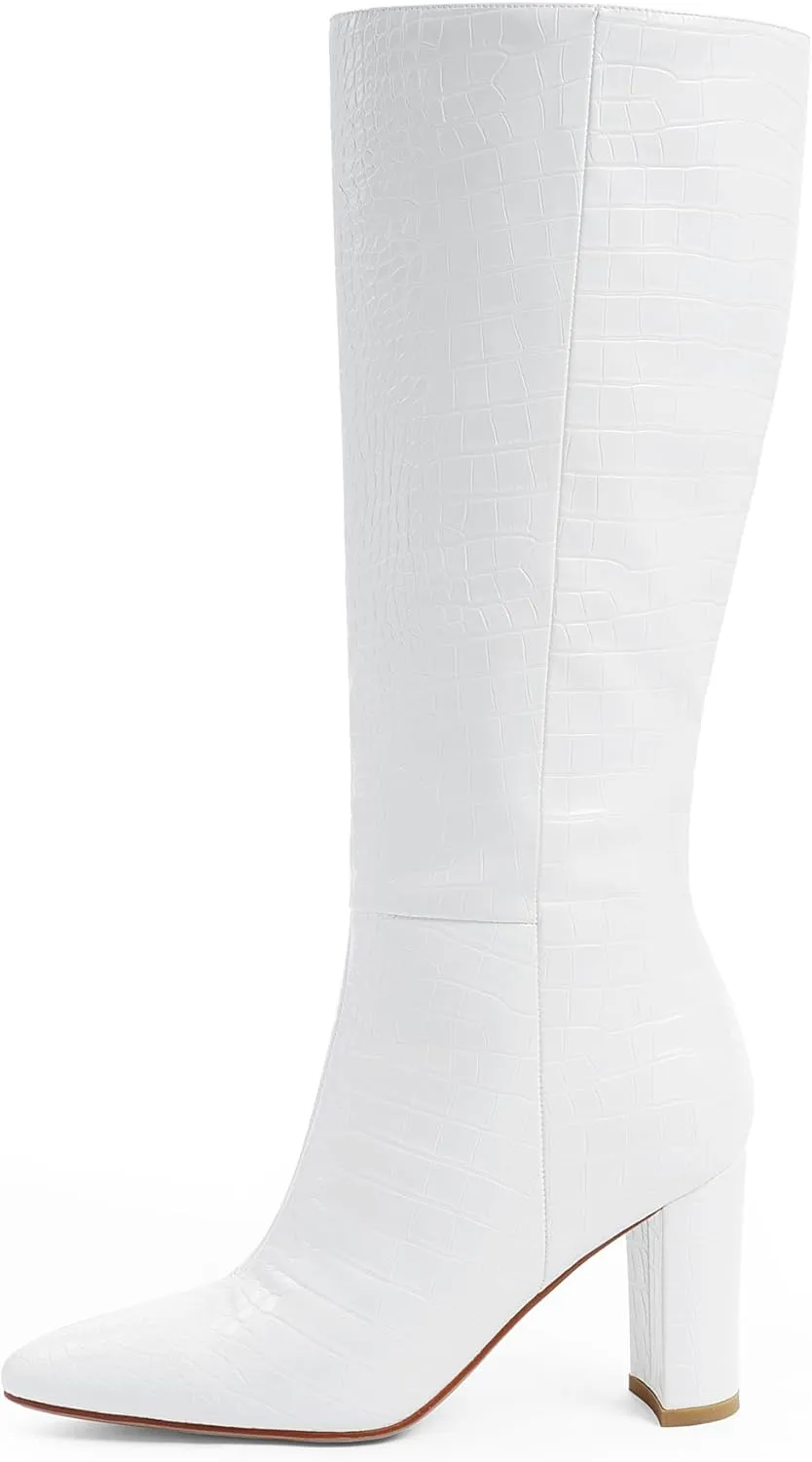 Modatope Knee High Women's Riding Boots - Tall, Long Calf High GoGo Chunky Faux Crocodile Boots - Block Heel Pointed Toe - Size 6-11