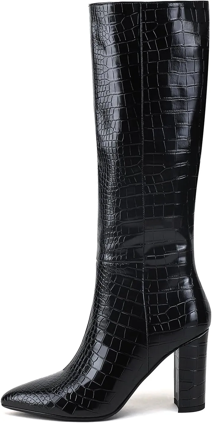 Modatope Knee High Women's Riding Boots - Tall, Long Calf High GoGo Chunky Faux Crocodile Boots - Block Heel Pointed Toe - Size 6-11