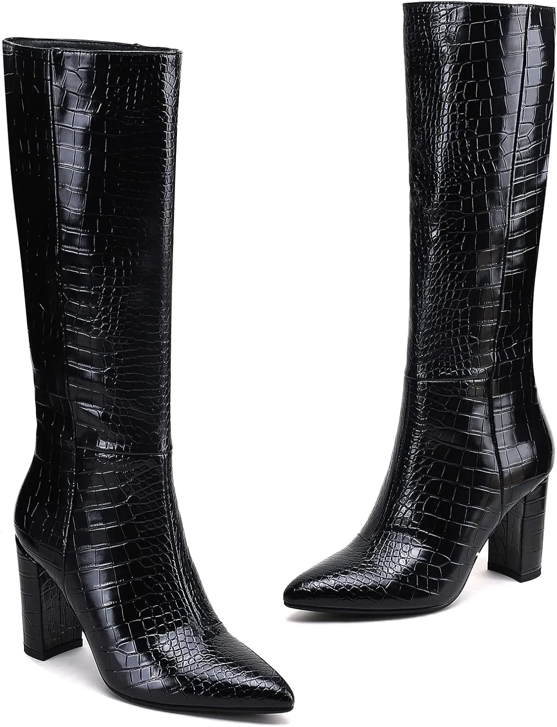 Modatope Knee High Women's Riding Boots - Tall, Long Calf High GoGo Chunky Faux Crocodile Boots - Block Heel Pointed Toe - Size 6-11
