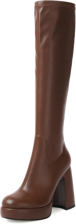 Modatope Platform Knee High Boots for Women Chunky Heel Rounded Toe Womens Knee High Boots Side Zipper Tall Boots