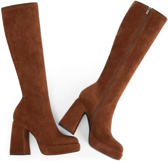 Modatope Platform Knee High Boots for Women Chunky Heel Rounded Toe Womens Knee High Boots Side Zipper Tall Boots