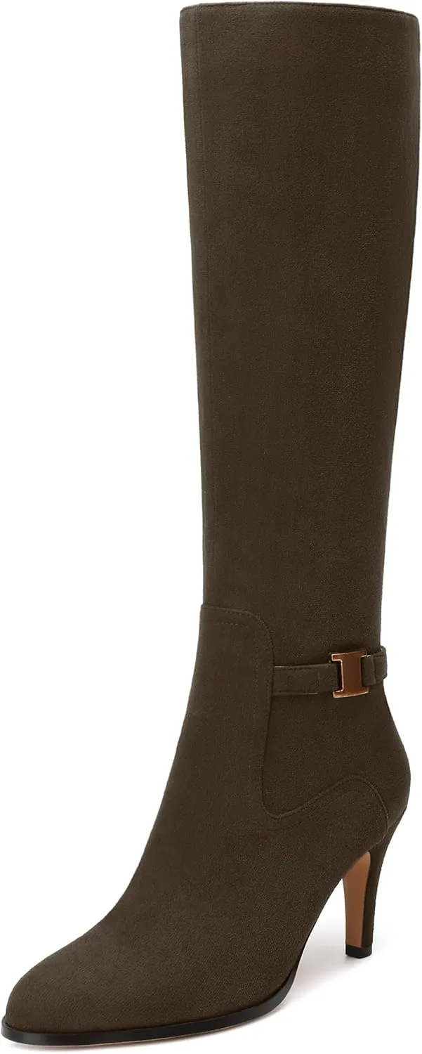 MODENCOCO Knee High Boots for Women Stiletto High Heel Pointed Toe Tall Boots Wide Calf Side Zipper Dress Long Boots Fall Winter Shoes