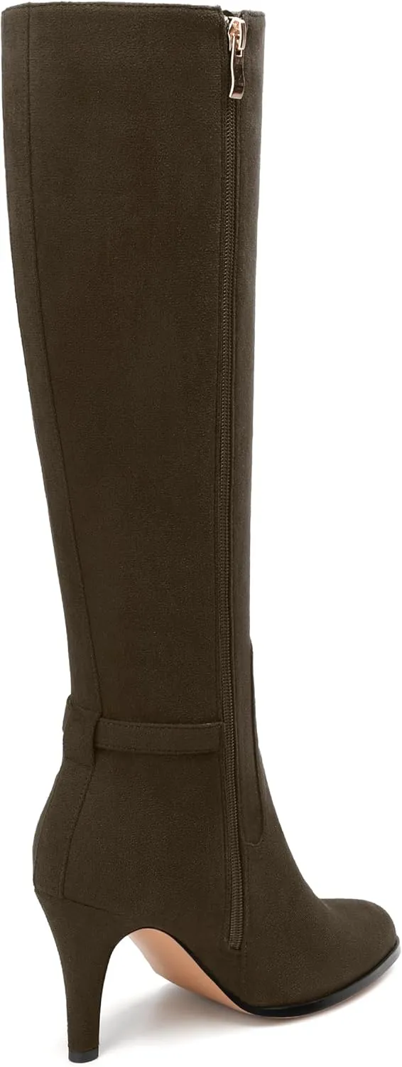 MODENCOCO Knee High Boots for Women Stiletto High Heel Pointed Toe Tall Boots Wide Calf Side Zipper Dress Long Boots Fall Winter Shoes
