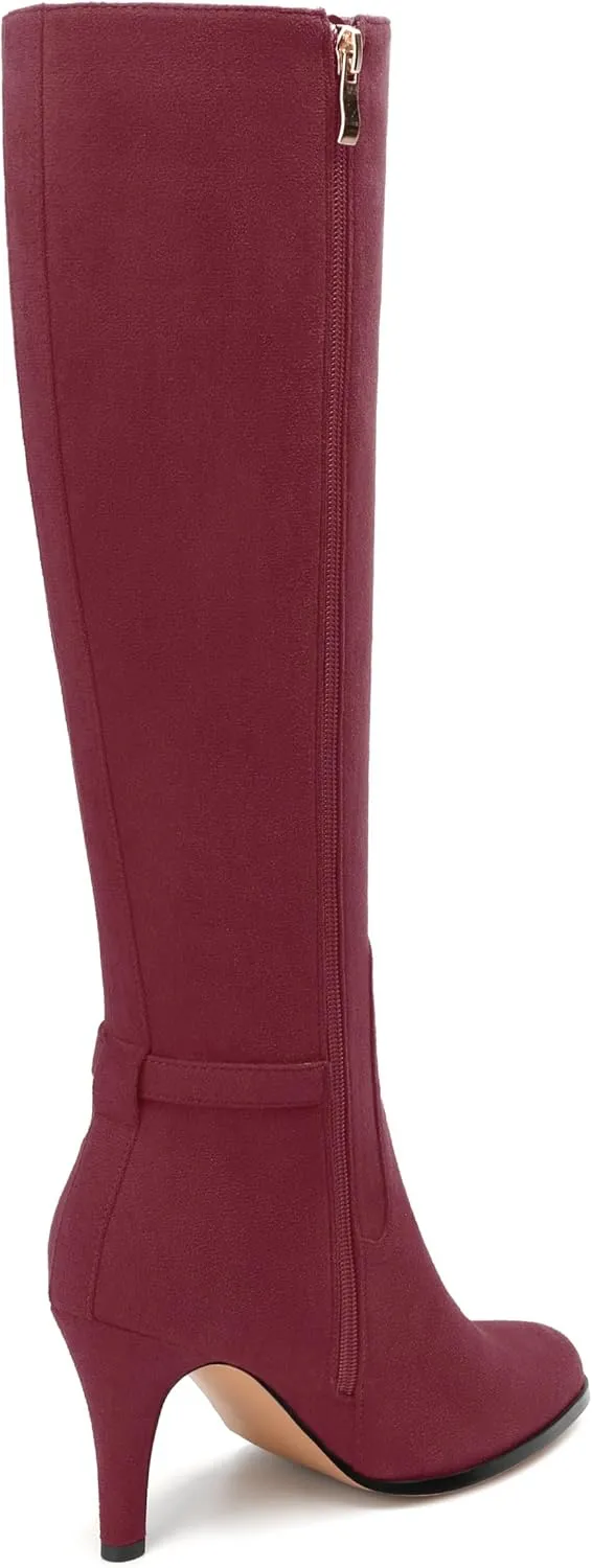 MODENCOCO Knee High Boots for Women Stiletto High Heel Pointed Toe Tall Boots Wide Calf Side Zipper Dress Long Boots Fall Winter Shoes