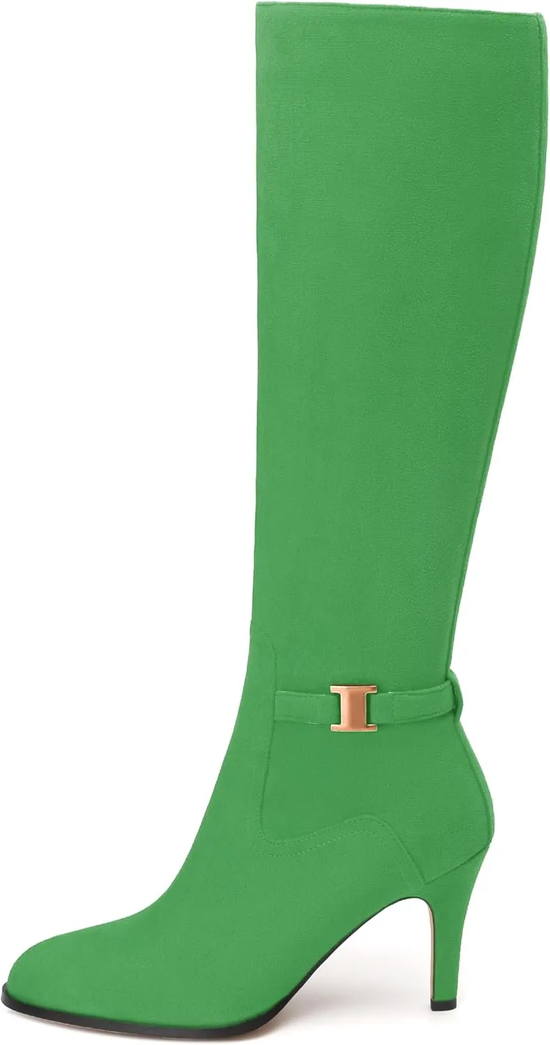 MODENCOCO Knee High Boots for Women Stiletto High Heel Pointed Toe Tall Boots Wide Calf Side Zipper Dress Long Boots Fall Winter Shoes