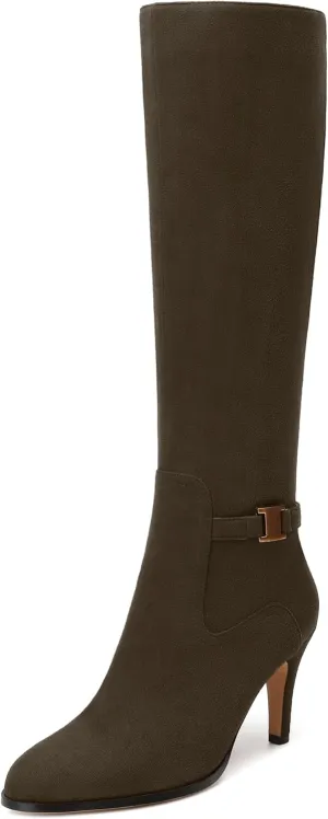 MODENCOCO Knee High Boots for Women Stiletto High Heel Pointed Toe Tall Boots Wide Calf Side Zipper Dress Long Boots Fall Winter Shoes