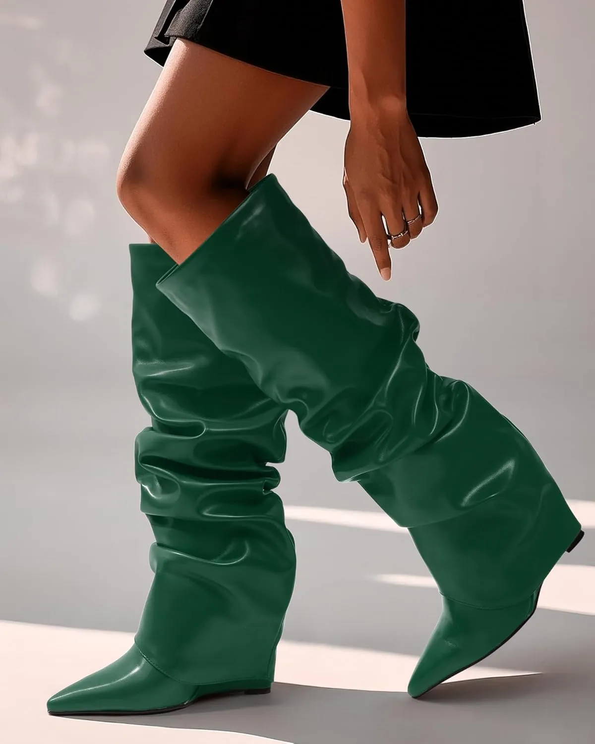 MODENCOCO Women's Fold Over Knee High Boots Wedge Heel Pointed Toe Boots High Heels Wide Calf Ruched Slouchy Pleated Dress Boots Tall Boots for Women