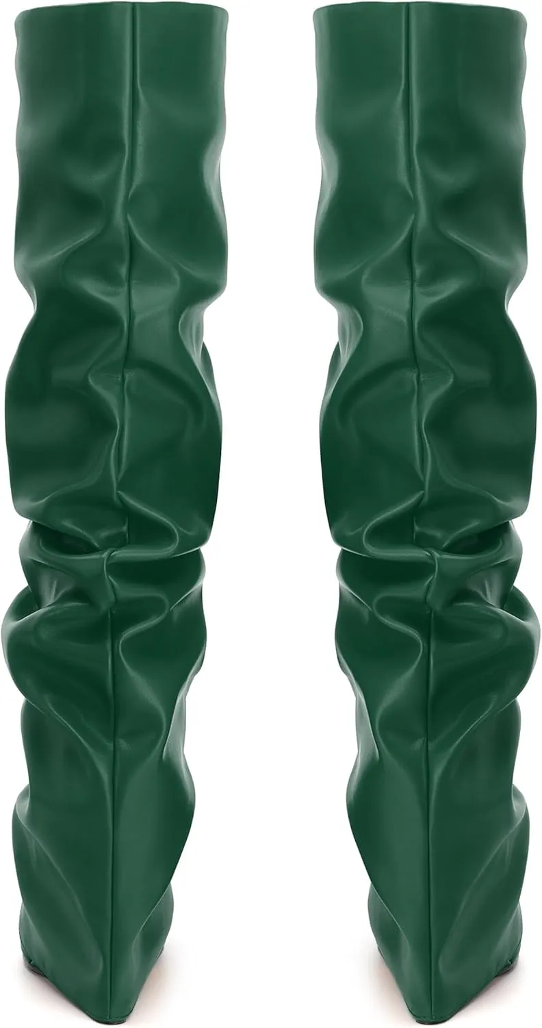 MODENCOCO Women's Fold Over Knee High Boots Wedge Heel Pointed Toe Boots High Heels Wide Calf Ruched Slouchy Pleated Dress Boots Tall Boots for Women