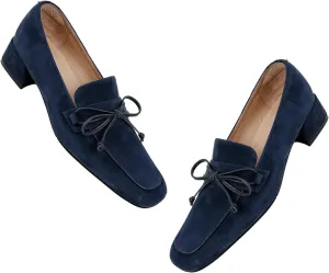MOOMMO Women Chunky Low Heel Loafers Bow Suede Slip On Closed Square Toe Loafer Shoes Oxfords Comfy 1 Inch Block Heels Dress Shoes Pumps Office Work Pumps Vintage Retro Comfy 4-11 M US