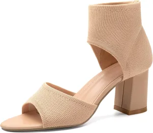 MOUSSE FIT Women's Knit Block Heel Sandals - 2.5 Inch Knit Chunky Block Heels, Non-Slip Rubber Sole Wedding & Party Shoes with Breathable Design