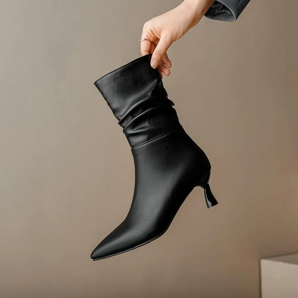 MRKEWUNEY Fashion Womens Pleated Boots Stiletto High Heel Mid Calf Boots