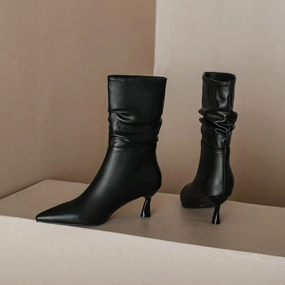 MRKEWUNEY Fashion Womens Pleated Boots Stiletto High Heel Mid Calf Boots