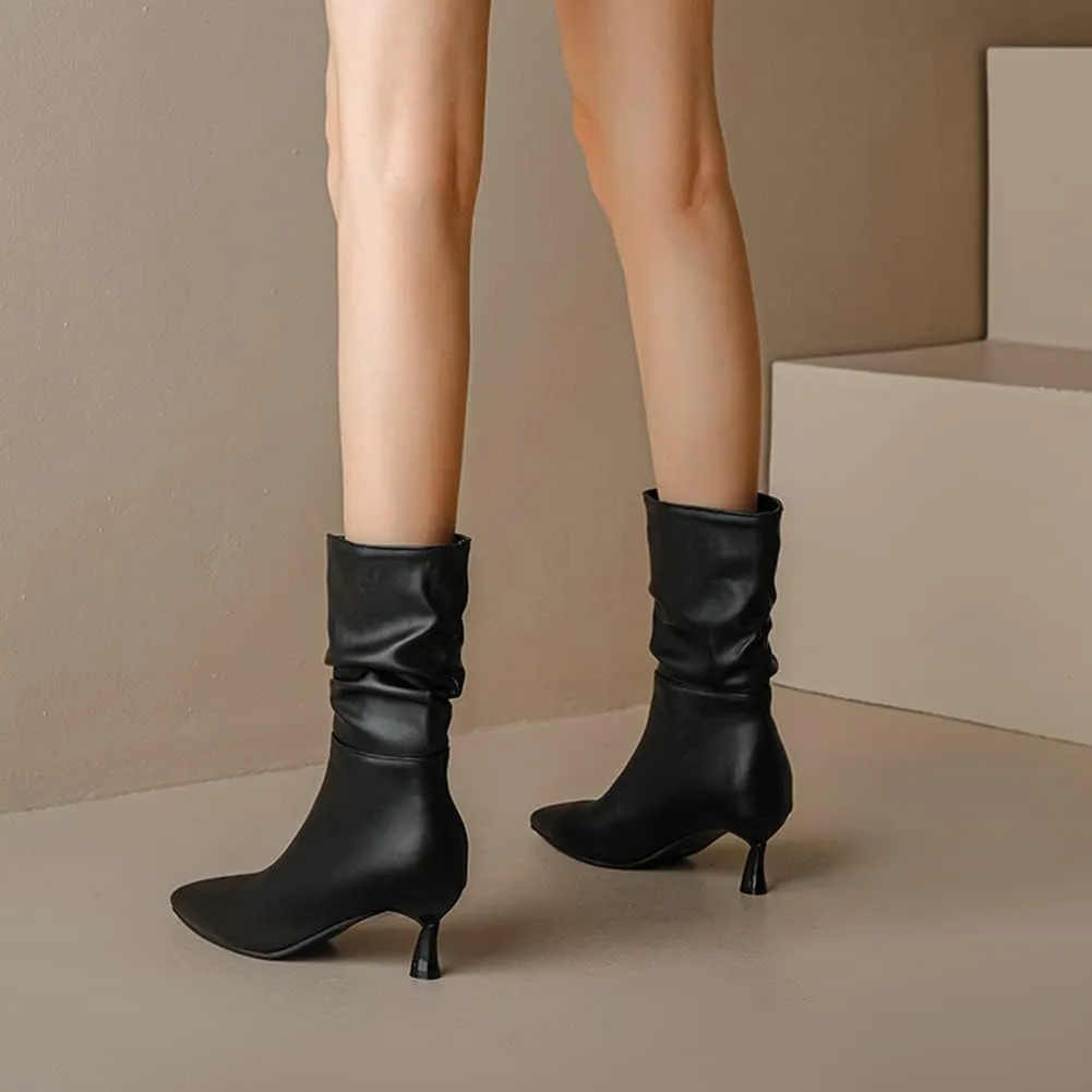 MRKEWUNEY Fashion Womens Pleated Boots Stiletto High Heel Mid Calf Boots