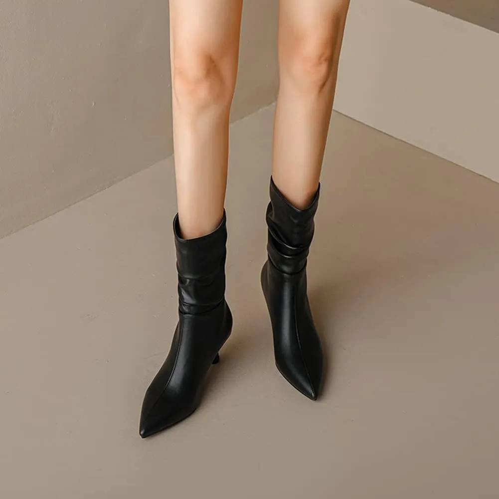 MRKEWUNEY Fashion Womens Pleated Boots Stiletto High Heel Mid Calf Boots
